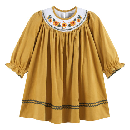 Girls Gold Corduroy Sunflower Smocked Bishop Dress