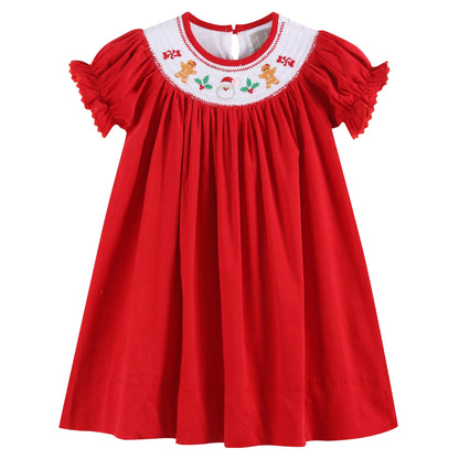 Girls Red Velour Christmas Smocked Bishop Dress