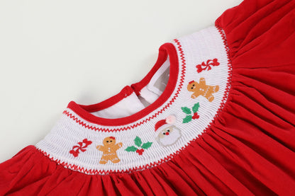 Girls Red Velour Christmas Smocked Bishop Dress