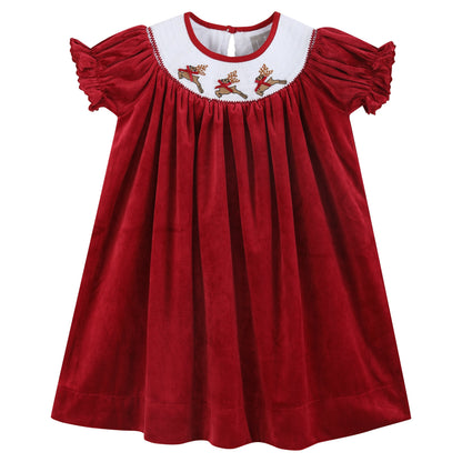 Girls Red Velour Reindeer Smocked Bishop Dress