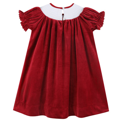 Girls Red Velour Reindeer Smocked Bishop Dress