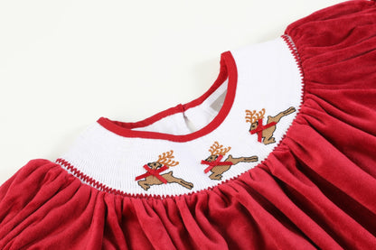 Girls Red Velour Reindeer Smocked Bishop Dress