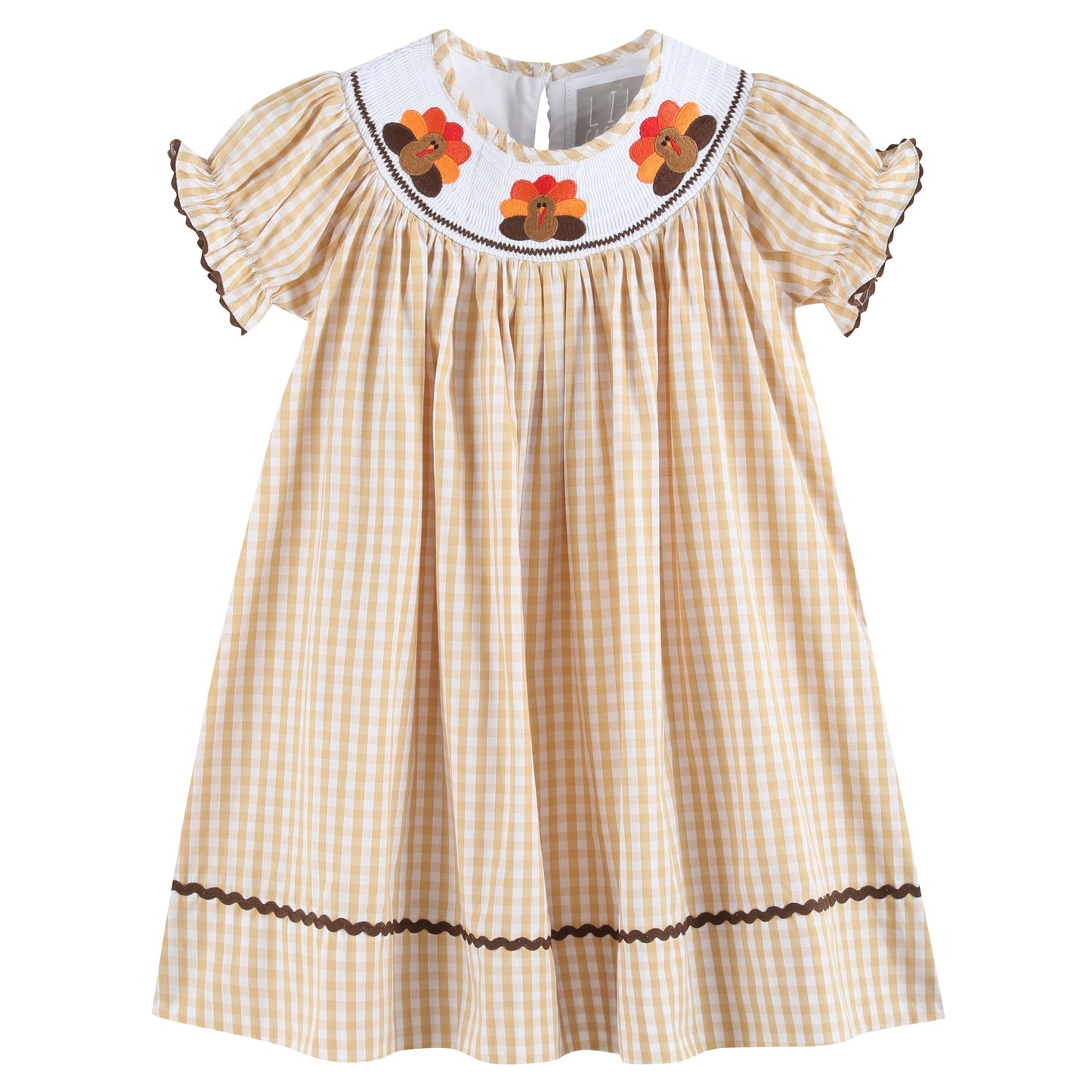 Girls Brown Gingham Turkey Smocked Bishop Dress