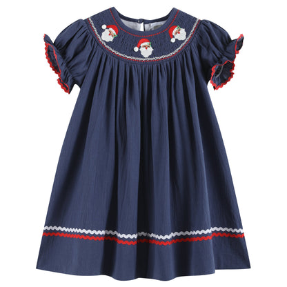 Girls Navy Blue Santa Smocked Bishop Dress