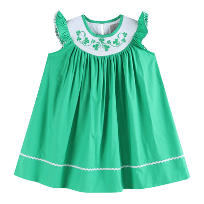 Girls Green St. Patrick's Day Shamrock Smocked Bishop