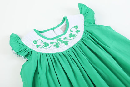 Girls Green St. Patrick's Day Shamrock Smocked Bishop