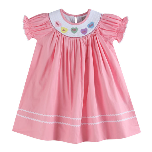 Girls’ Pink Candy Heart Valentine's Smocked Bishop Dress