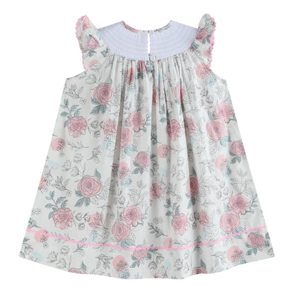 Girls’ White and Pink Floral Smocked Bishop Dress