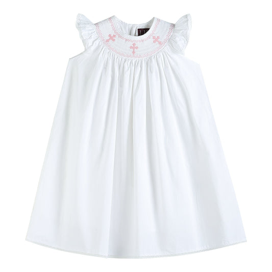 Girls White and Pink Crosses Bishop Dress