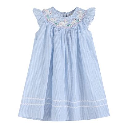 Girls Blue Seersucker Easter Bunny Smocked Bishop Dress