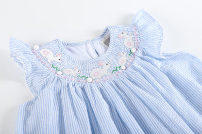 Girls Blue Seersucker Easter Bunny Smocked Bishop Dress