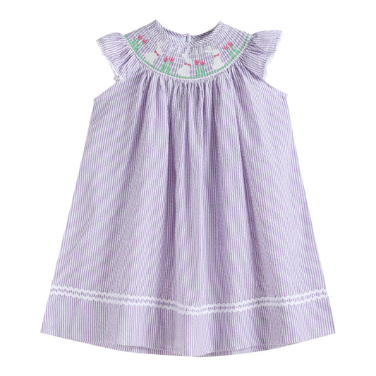 Light Purple Seersucker Easter Bunny Smocked Bishop Dress