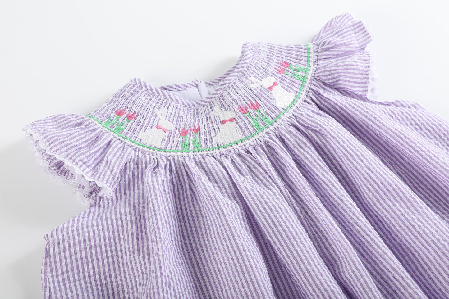 Light Purple Seersucker Easter Bunny Smocked Bishop Dress