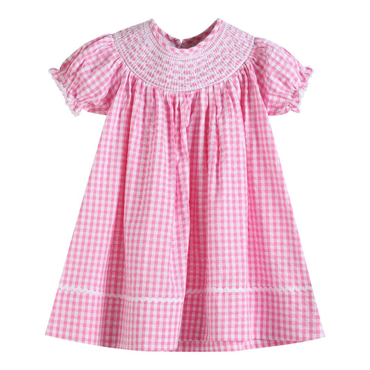 Girls Pink Gingham Classic Smocked Bishop Dress