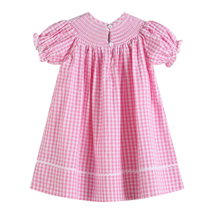 Girls Pink Gingham Classic Smocked Bishop Dress