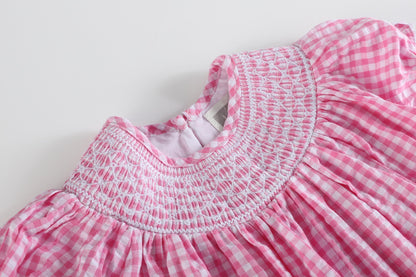 Girls Pink Gingham Classic Smocked Bishop Dress