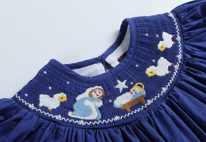 Royal Blue Christmas Nativity Smocked Bishop Dress for Toddlers