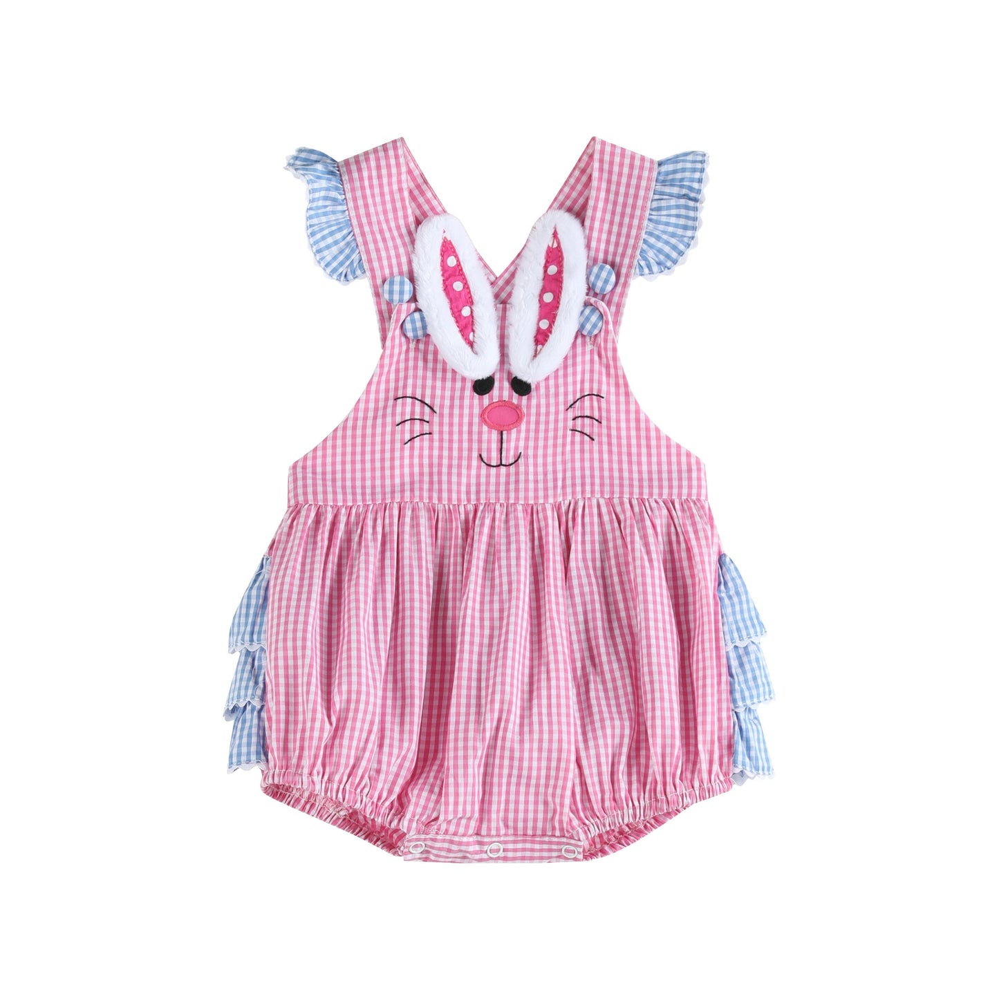 Pink and Blue Bunny Face Ruffle Baby Girl Romper