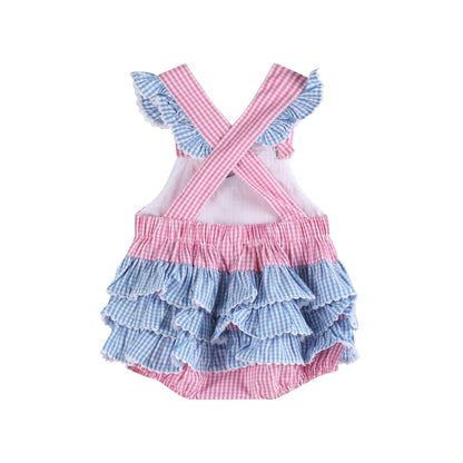 Pink and Blue Bunny Face Ruffle Baby Girl Romper