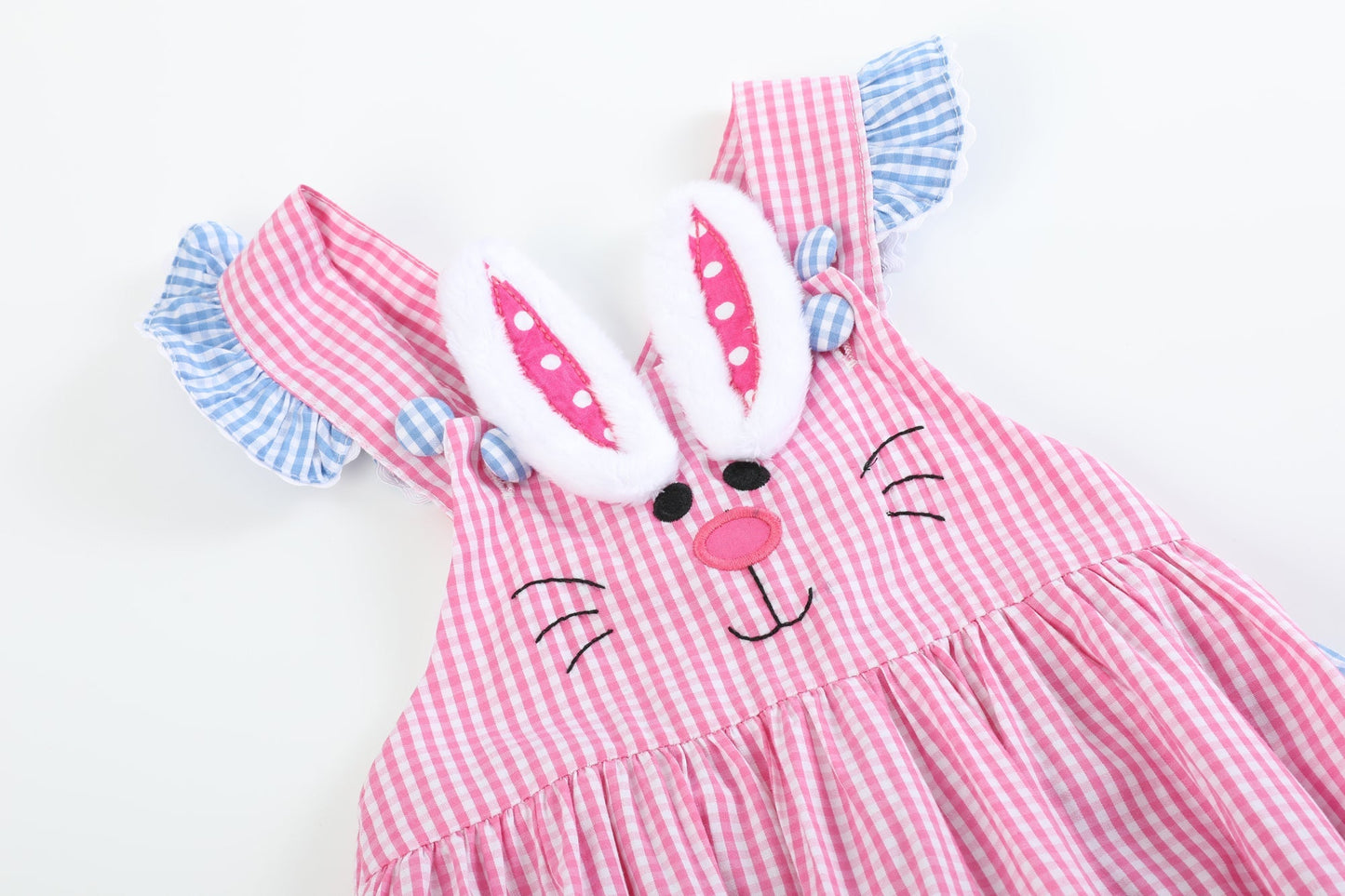 Pink and Blue Bunny Face Ruffle Baby Girl Romper