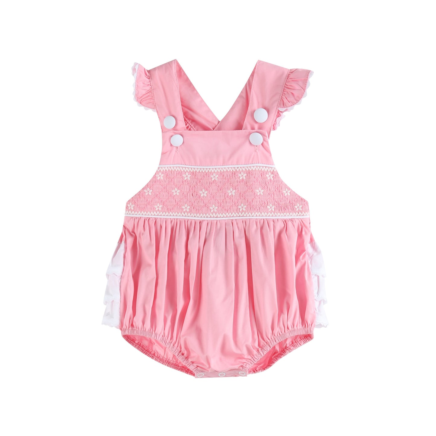 Baby Girl Pink and White Flower Smocked Ruffle Romper