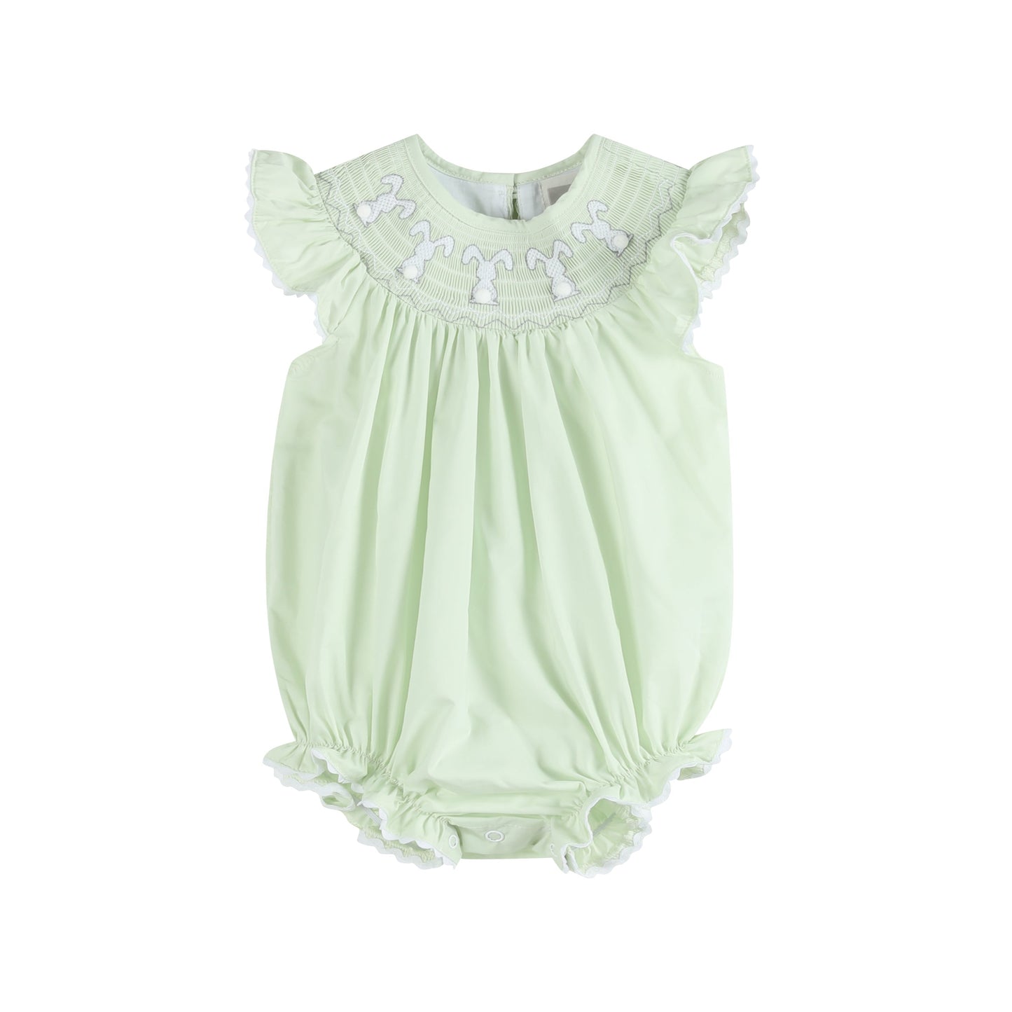 Baby Girl Honeydew Green Bunny Smocked Flutter Romper