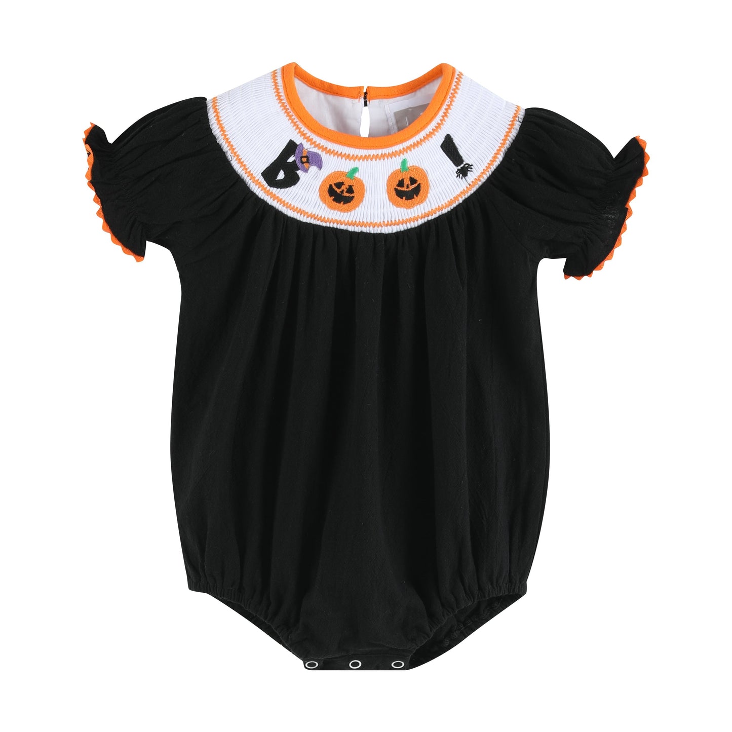 Baby Girl Black and Orange Boo Halloween Bubble Romper