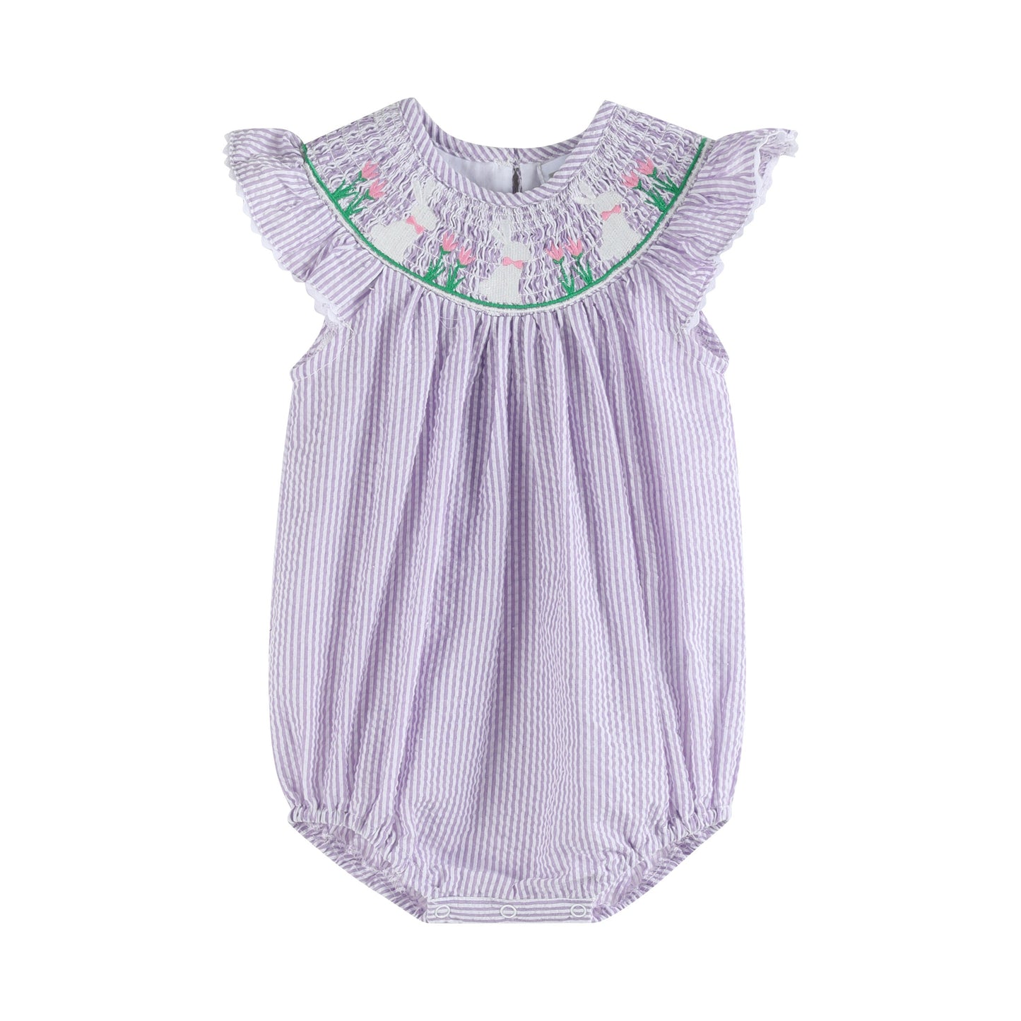 Baby Girl Light Purple Seersucker Bunny Smocked Romper