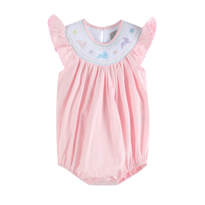 Baby Girl Pretty Pink Easter Bunny Smocked Flutter Romper