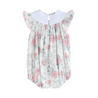 Baby Girl White and Pink Floral Smocked Flutter Romper