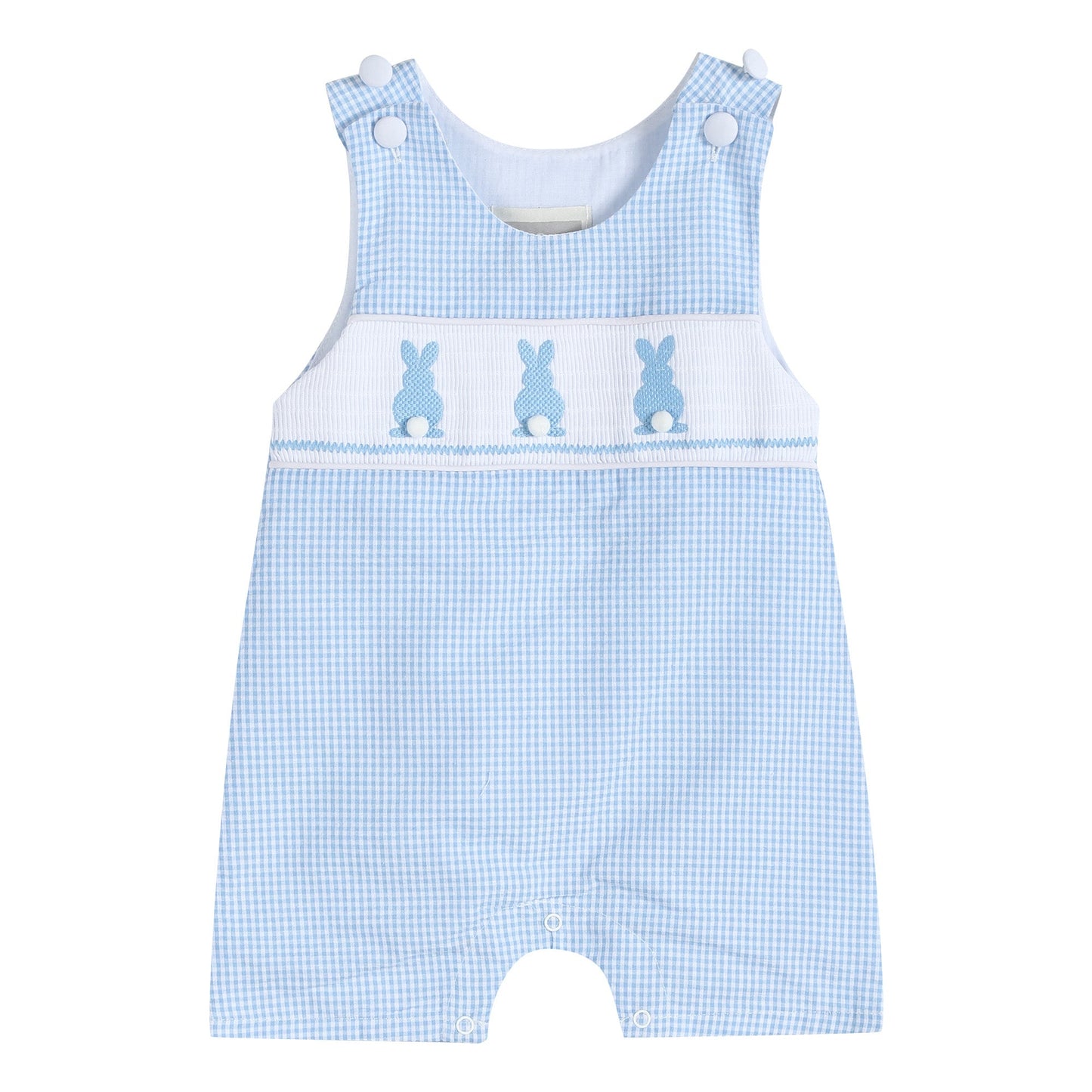 Boys Blue Gingham Easter Bunny Smocked Shortalls