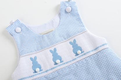 Boys Blue Gingham Easter Bunny Smocked Shortalls