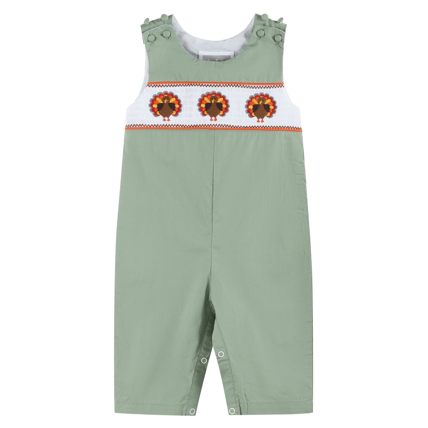 Baby Boy Sage Green Turkey Smocked Overalls