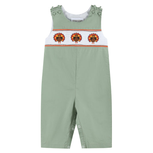 Baby Boy Sage Green Turkey Smocked Overalls