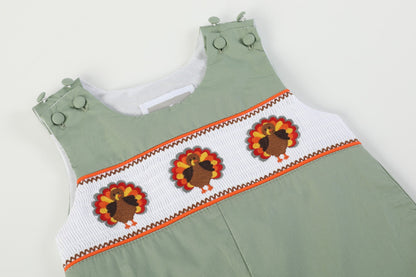 Baby Boy Sage Green Turkey Smocked Overalls