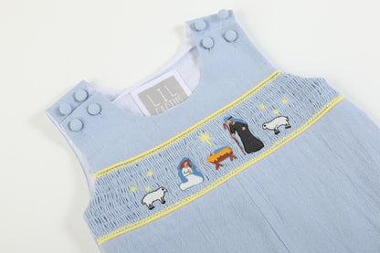 Boys Light Blue Nativity Smocked Overalls