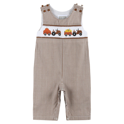 Baby Boys Brown Gingham Pumpkin and Corn Tractor Smocked Overalls