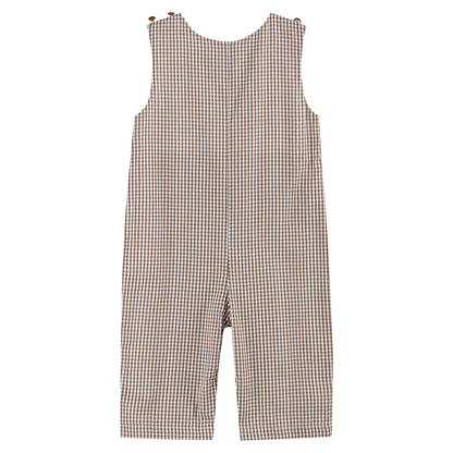 Baby Boys Brown Gingham Pumpkin and Corn Tractor Smocked Overalls