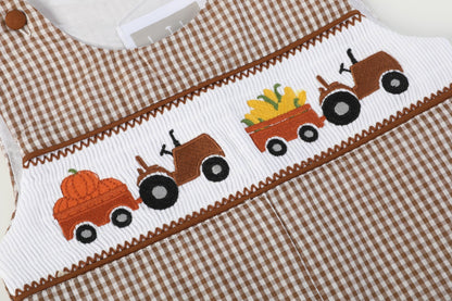 Baby Boys Brown Gingham Pumpkin and Corn Tractor Smocked Overalls