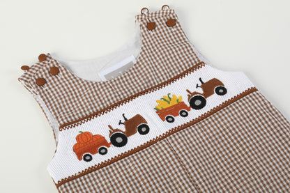 Baby Boys Brown Gingham Pumpkin and Corn Tractor Smocked Overalls