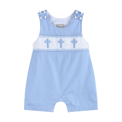 Baby Boy Periwinkle Blue Crosses Smocked Shortalls