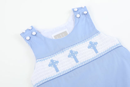 Baby Boy Periwinkle Blue Crosses Smocked Shortalls