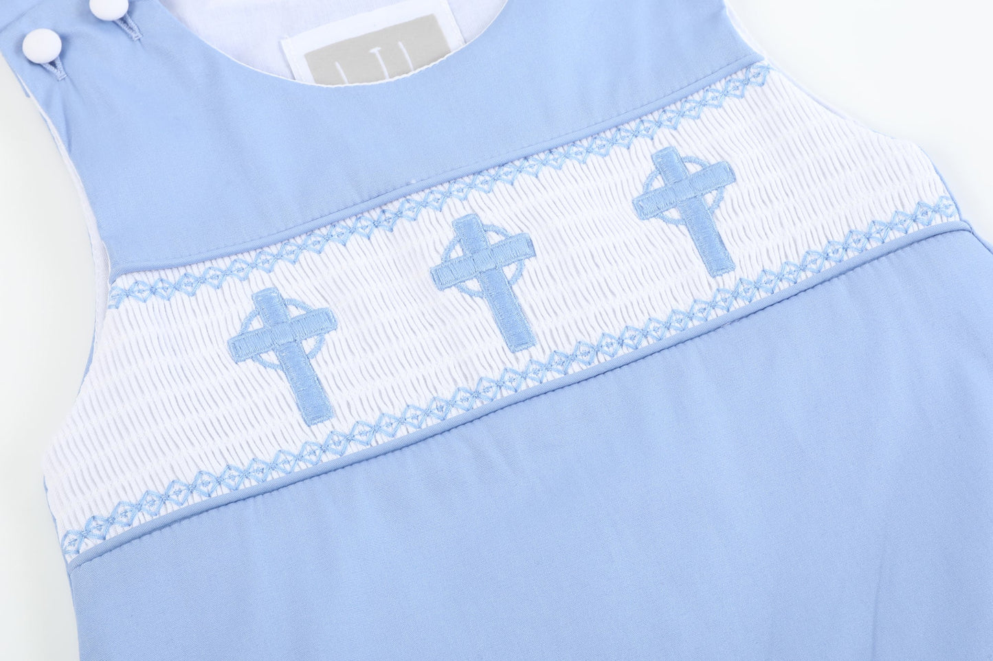 Baby Boy Periwinkle Blue Crosses Smocked Shortalls