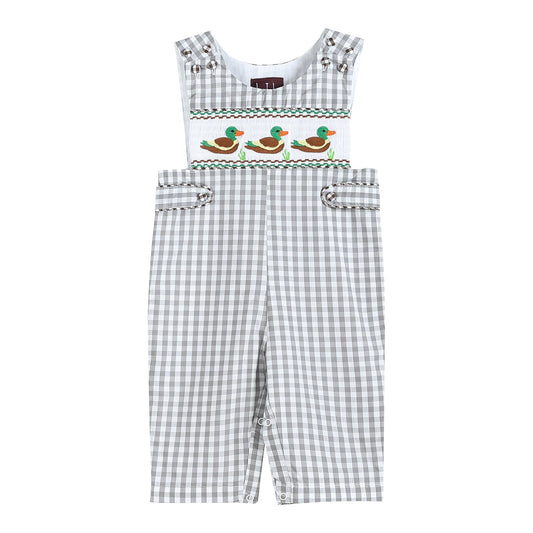 Baby Boy Gray Gingham Mallard Smocked Overalls