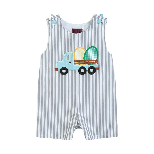 Gray Striped Easter Egg Truck Boys Shortalls