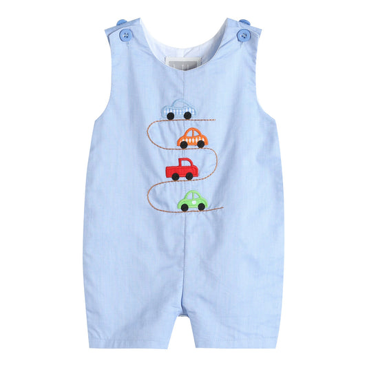 Boys Blue Car Race Track Embroidery Shortalls