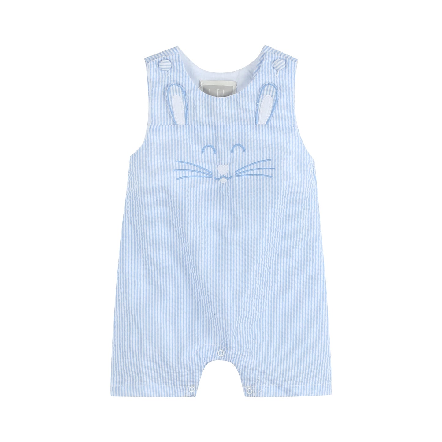 Blue Seersucker Bunny Face Shortalls