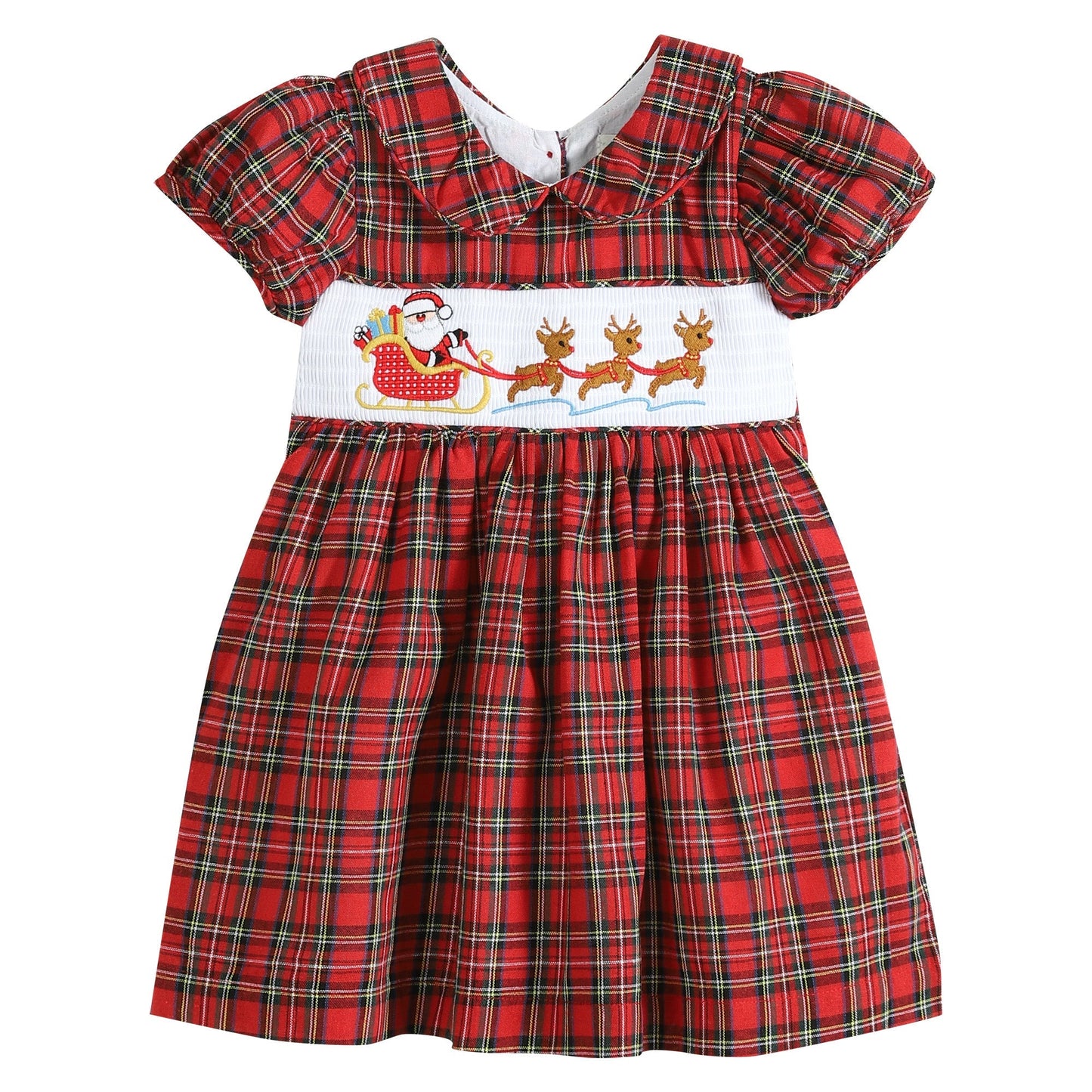 Girls Red Christmas Plaid Santa Sleigh Smocked Dress