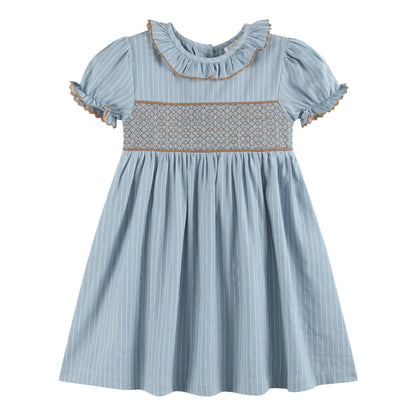 Girls Blue Pinstripe Smocked Ruffle Collar Dress