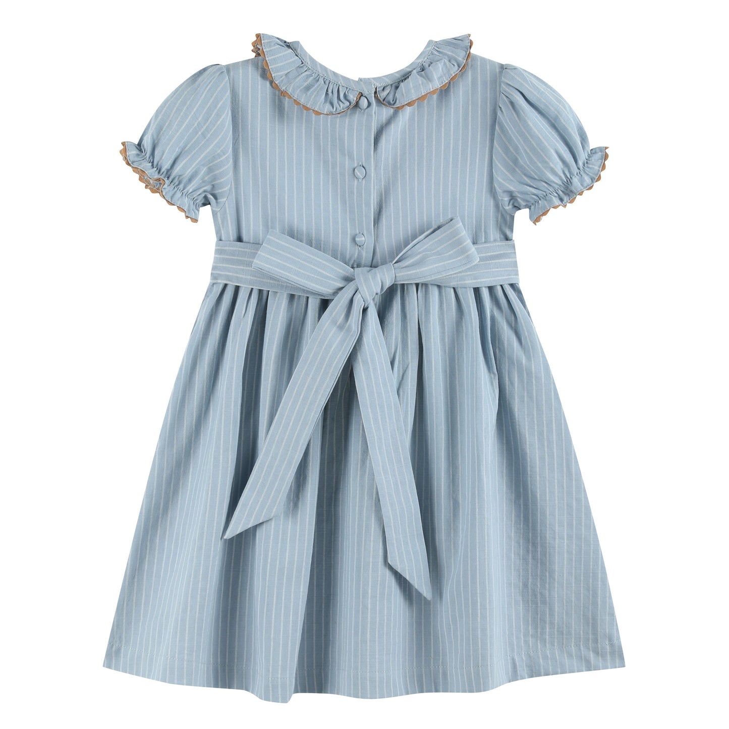 Girls Blue Pinstripe Smocked Ruffle Collar Dress